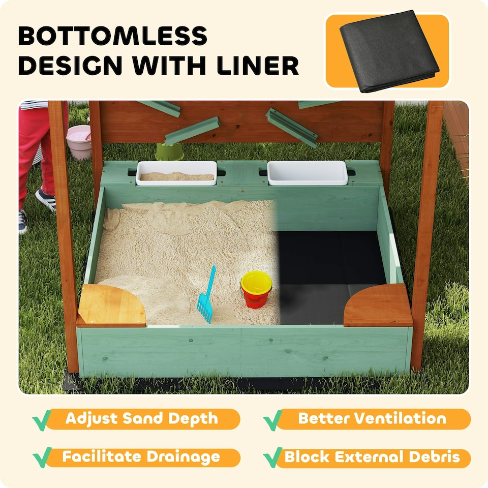 image 1 of AIYAPLAY Wood Sandpit for Kids with Canopy for Garden, Beach, Green 