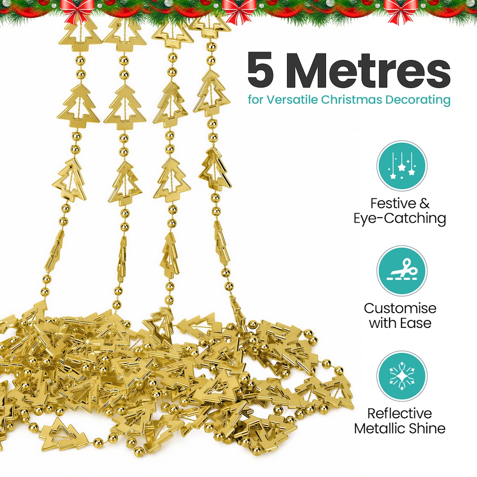 image 1 of 5M Christmas Tree Bead Garland, Metallic Hanging Chain Feastive Garland