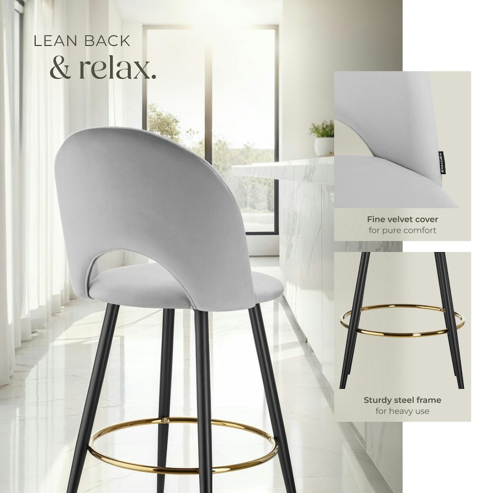 image 1 of Bar Stool Rachel with backrest and velvet look cover, 49 x 58 x 110 cm - Set of 2 Grey | Light Grey/Black