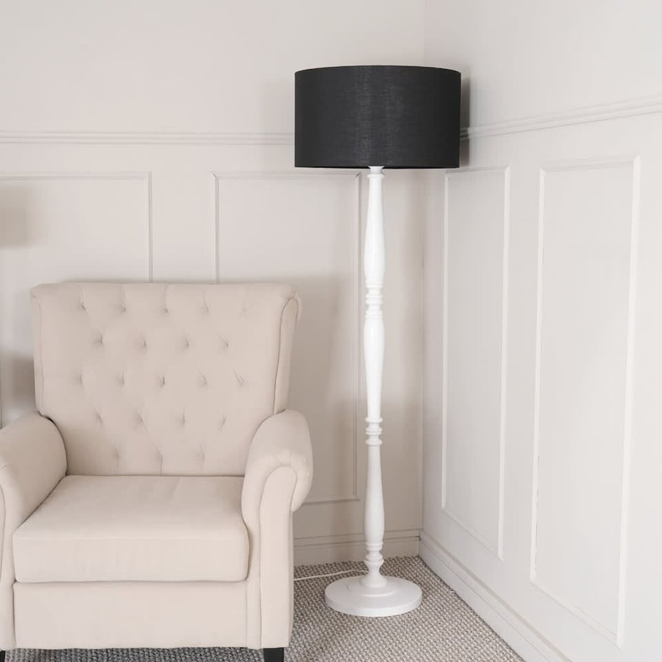 image 1 of ValueLights Victoria White Wood Floor Lamp Black Shade | White | Black