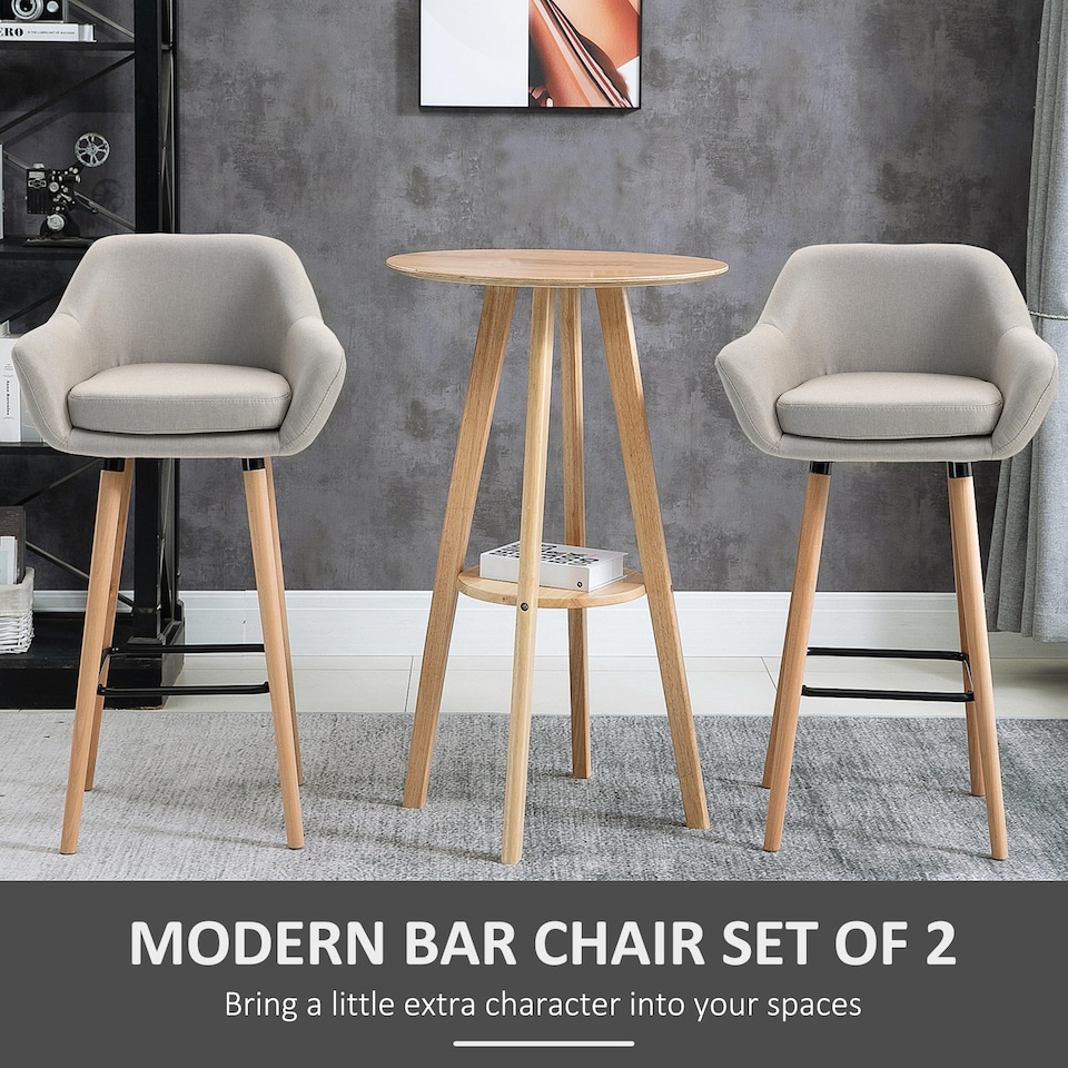 image 1 of HOMCOM 2 PCs Upholstered Bucket Seat Bar Stools w/ Solid Wood Legs Beige