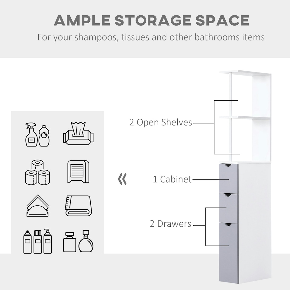 image 1 of HOMCOM Tall Bathroom Storage Cabinet with Shelf and Drawers, White, Grey