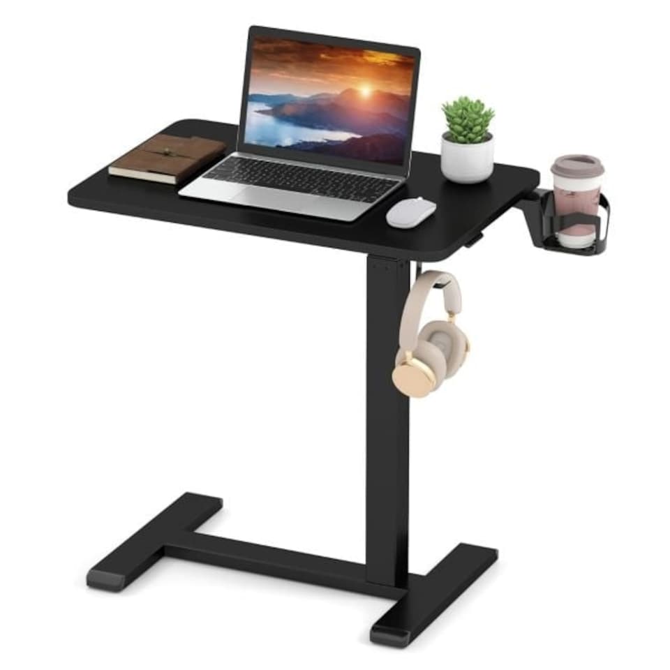 image 1 of COSTWAY Height Adjustable Computer Table with Cup Holder Black Black