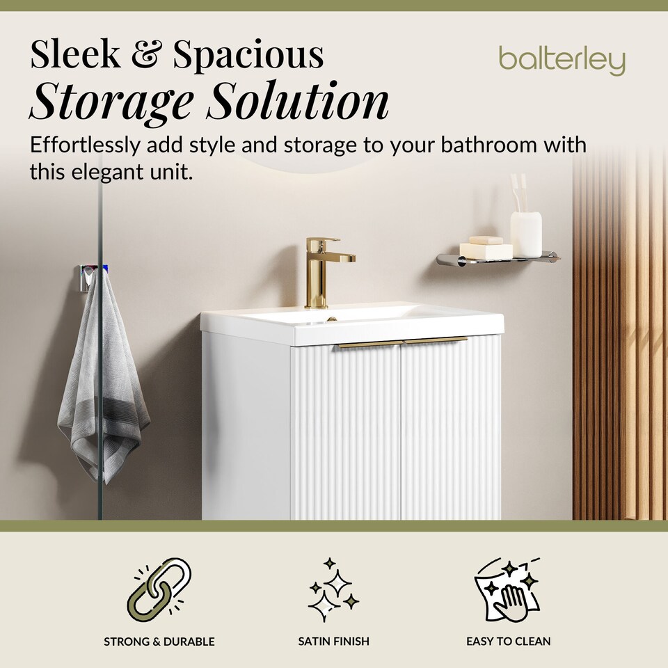 image 1 of Balterley Fluted 2-Door Floor Standing Vanity Unit with Basin & Handles | White | Satin White