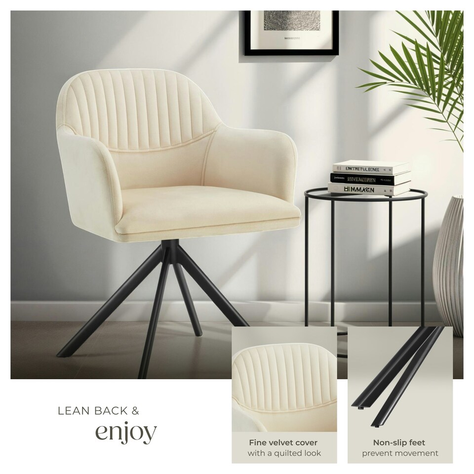 image 1 of Lounge Armchair Living Room Accent Chair 360 Swivel Slim Steel Legs Velvet Fabric - Set of 6 Cream | Cream/Black