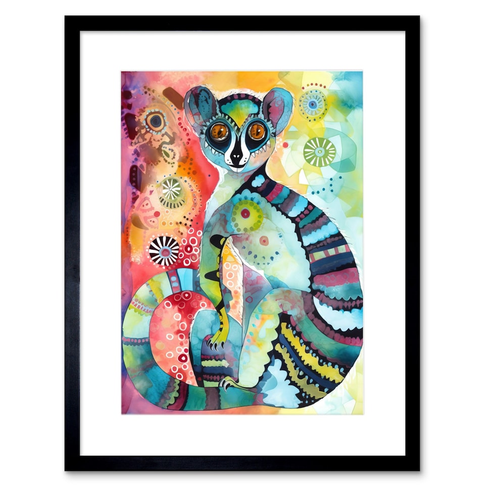 image 1 of Striped Ring-Tailed Lemur Folk Art 9x7" Black Framed Wall Art Print