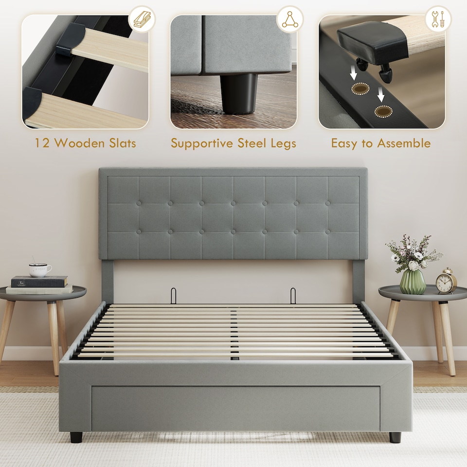 image 1 of HOMCOM Upholstered Ottoman Bed with Storage Drawer and Adjustable Headboard, 4ft6 Double Size Bed Frame with Gas Lift End Opening, Wooden Slats, No Mattress, Grey