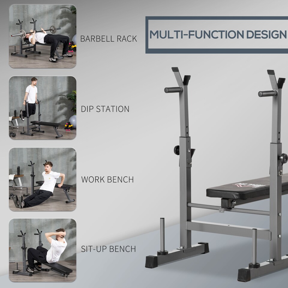 image 1 of HOMCOM Adjustable Weight Bench with Barbell Rack, Dip Station, Grey