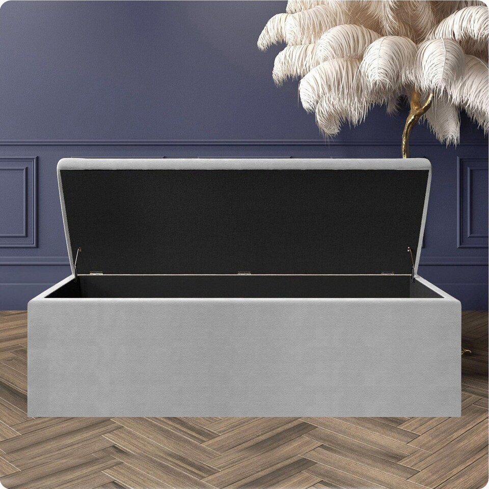 image 1 of 150cm Large Plain Safar Storage Ottoman Box, Silver Naples Upholstered Deep Storage Ottoman End of Bed Bench