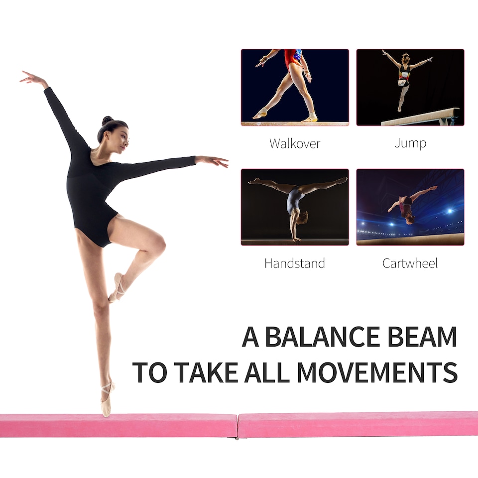 image 1 of HOMCOM Balance Beam Trainer Fold Performance Gymnastics Suede Pink Home