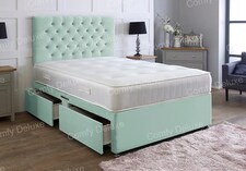 2ft6 Small Single Duck Egg Plush Velvet Divan Bed With Headboard & Memory Sprung Mattress 2 Drawers Same Side