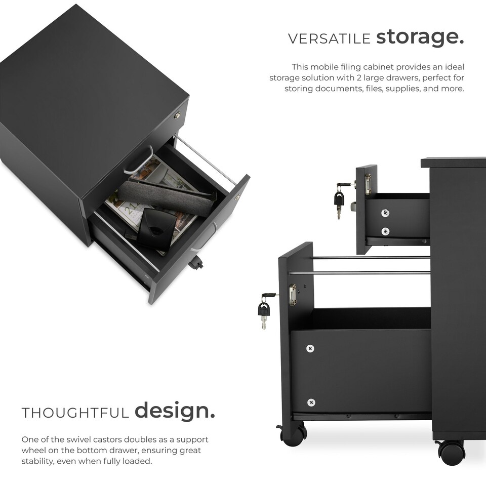 image 1 of Filing Cabinet - 2 rolling, lockable drawers, fits A4 documents Black