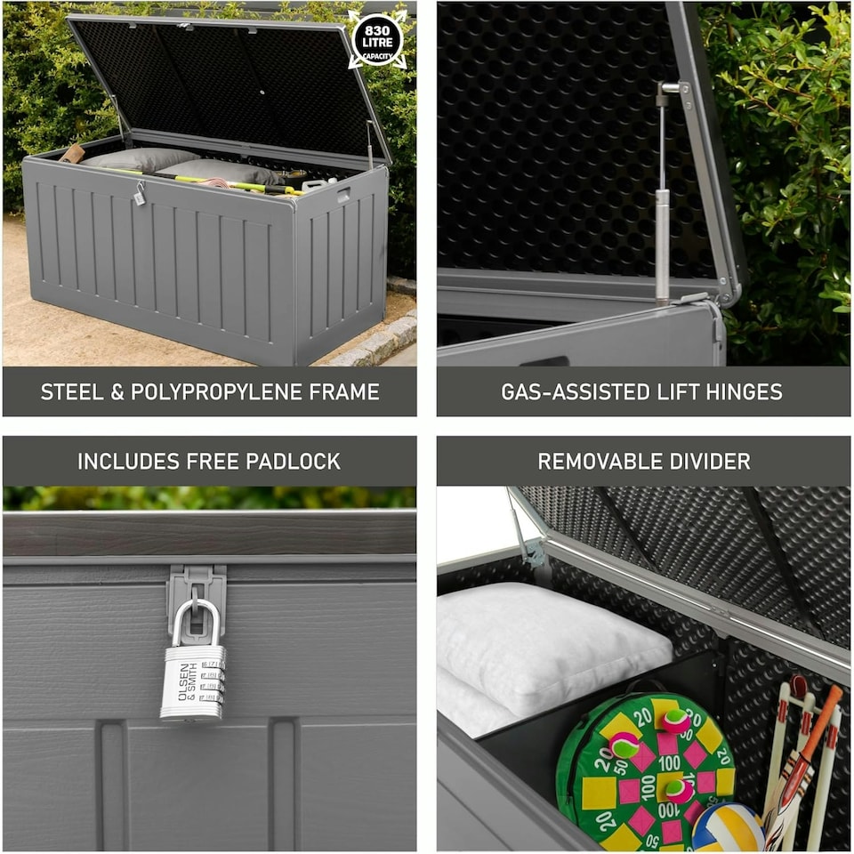 image 1 of Olsen & Smith 830L Extra Large Garden Storage Box - Weather Resistant Heavy Duty Wood Effect with Padlock Massive Capacity Storage Chest for Tools Toys & More Grey | Grey