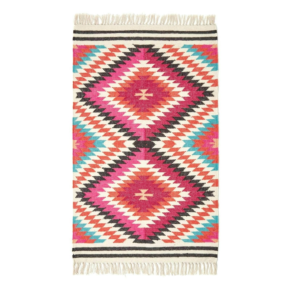 image 1 of Homescapes Manila Handwoven Diamond Kilim Wool Rug - 120 x 170 cm | Pink | Pink, orange, blue, white and black