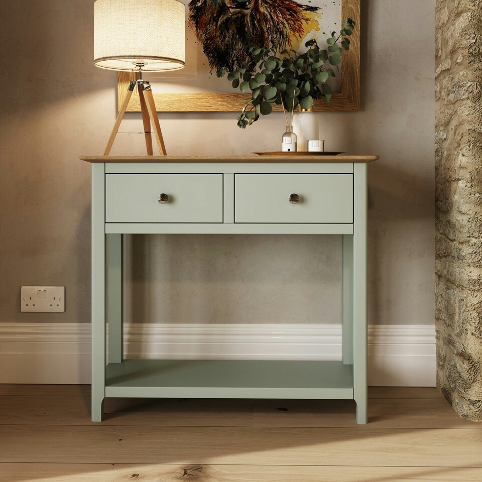 image 1 of Taberno Oak 2 Drawer Console Hallway Table Sage Green Green