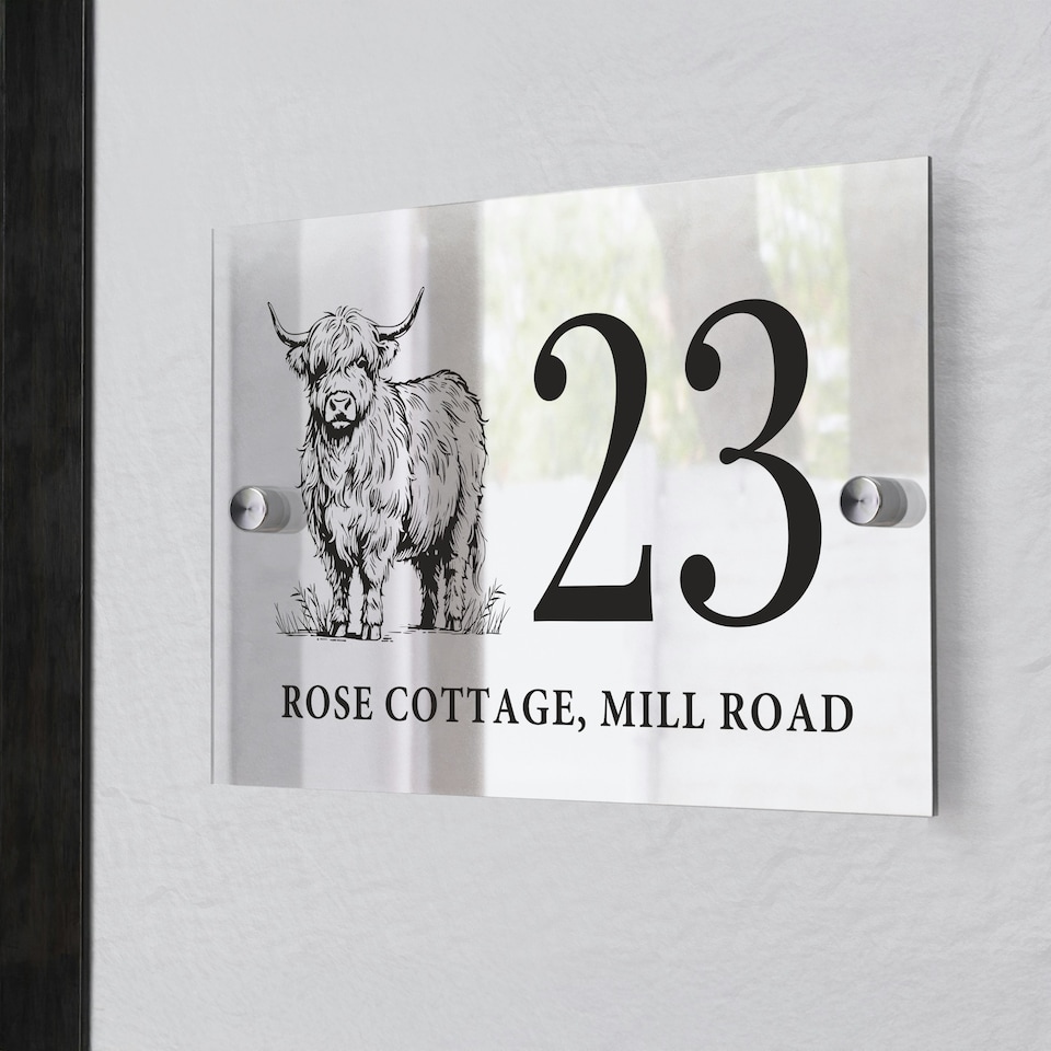 image 1 of Personalised Highland Cow Acrylic House Sign