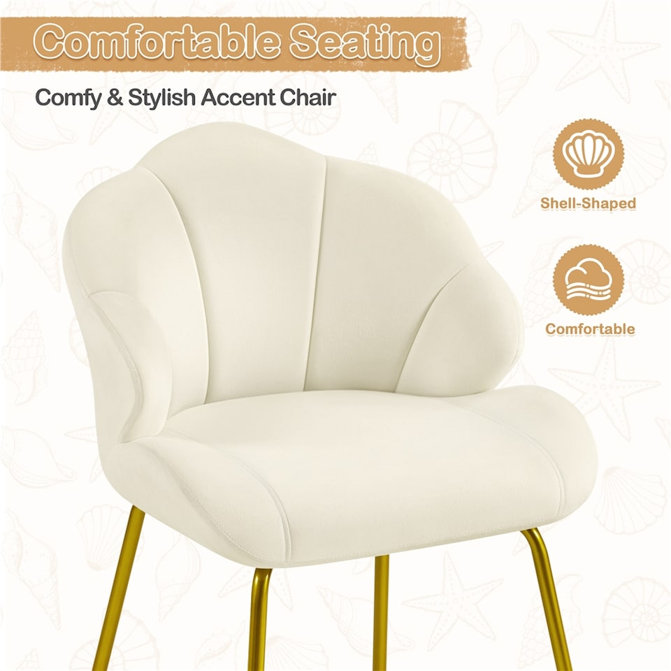 image 1 of Yaheetech Vanity Chair with Shell-shaped Backrest and Golden Metal Legs for Living Room-Beige