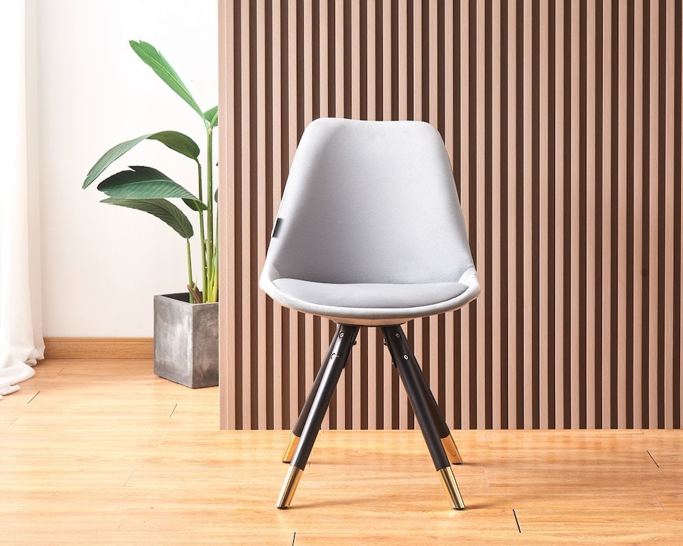 image 1 of Set of 4 Sofia Ergonomic Modern Dining Chairs Upholstered in Velvet, Metal Legs with Gold End Tips | Grey | Light Grey