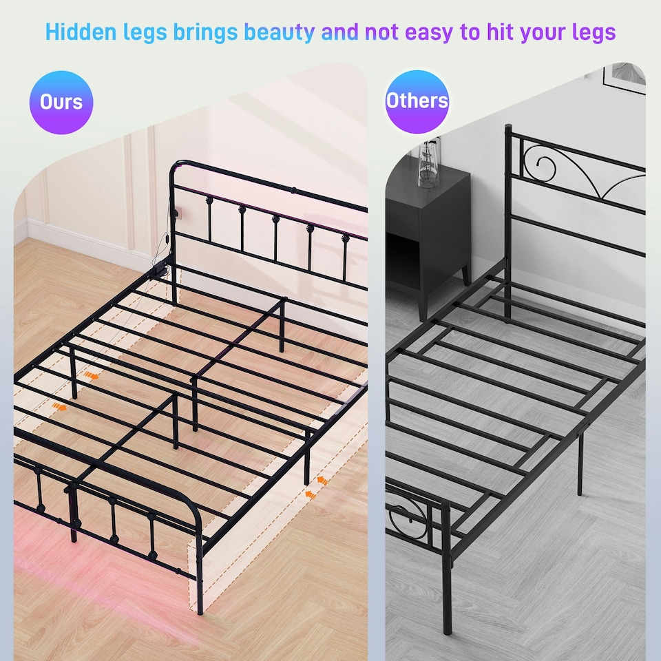 image 1 of HOMCOM King Bed Frame with LED Lights and Charging Station, Black