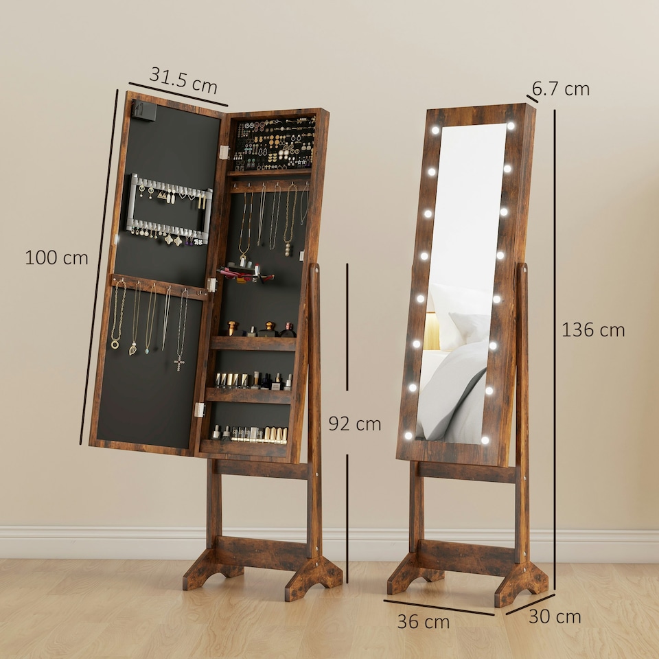 image 1 of HOMCOM Freestanding LED Mirrored Jewelry Cabinet Rustic Brown | Brown | Rustic Brown