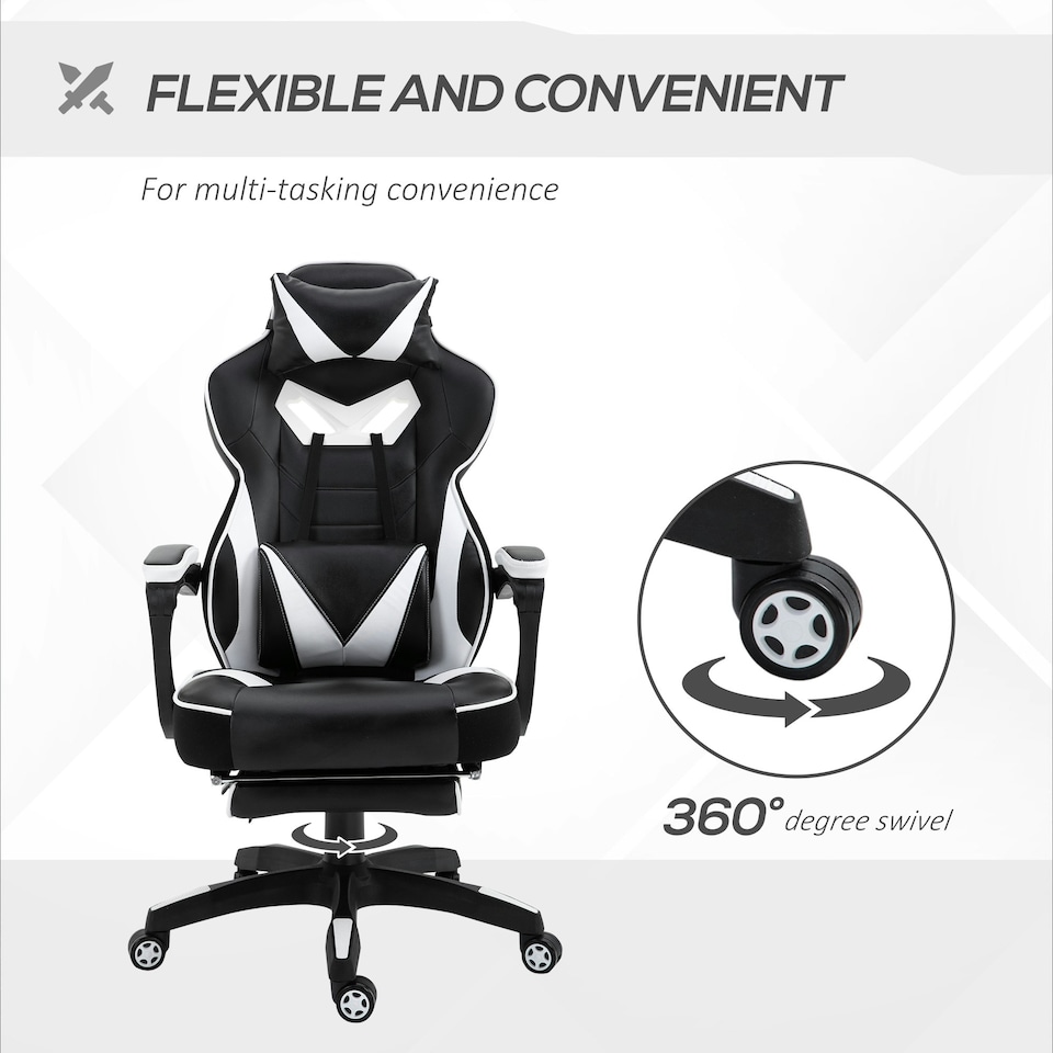 image 1 of Vinsetto Gaming Chair Ergonomic Reclining Manual Footrest Wheels Stylish White
