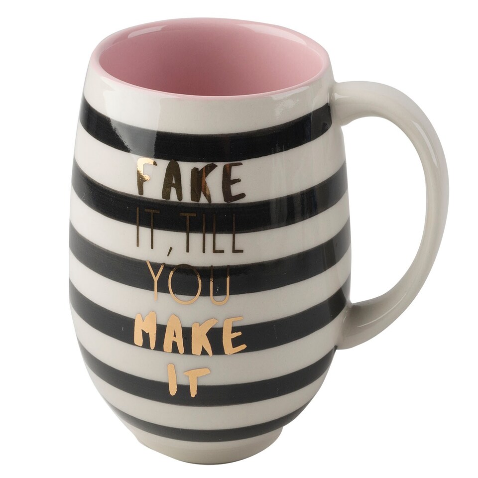 Creative Tops  “Fake It Til You Make It” Ceramic Printed Striped Coffee Mug, 450 ml (16 fl oz), Black/White | Multi