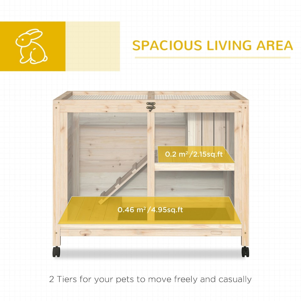 image 1 of PawHut Rabbit Hutch, Bunny Cage 2 Layers with Wheels & Open Roof, Natural