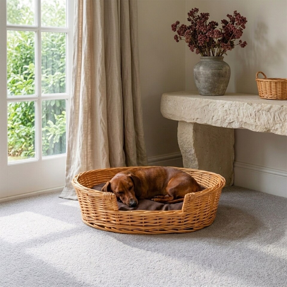 image 1 of Honey Color Wicker Dog Pet Bed with Washable Cushions (Large)