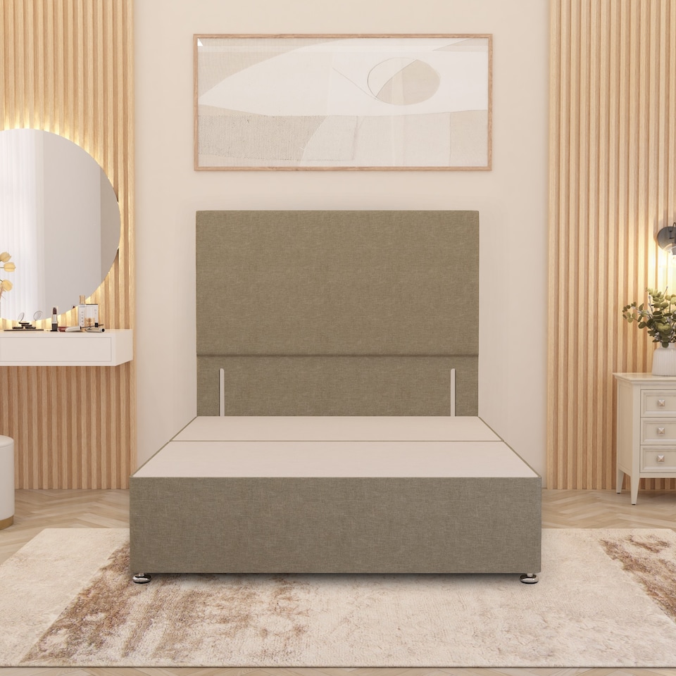 image 1 of Divan Bed Base with 4 Drawers & Plain Floor Standing Headboard Linen Fabric | Yellow | Beige