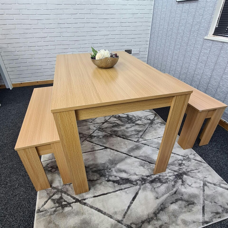 image 1 of Dining Table and 2 Benches Oak Effect Table With 2 Benches Dining Room Furniture | Brown