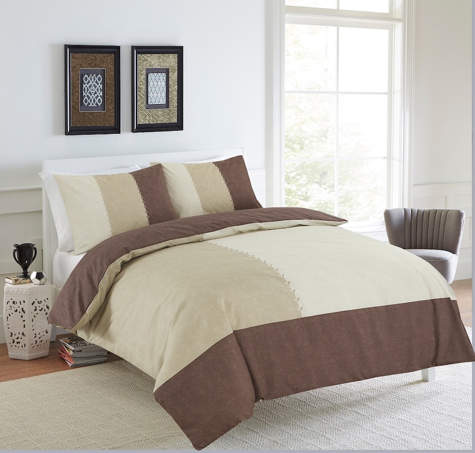 Homes Linen Luxury Polycotton Suede Patch Printed Duvet Cover Set with Pillowcases Soft Hotel Style Bedding Set | Brown | Double