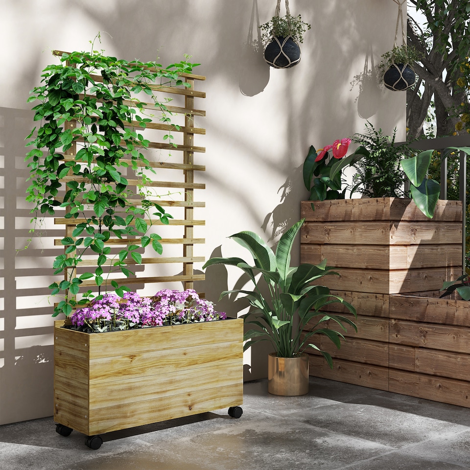 image 1 of Outsunny Garden Wooden Trellis Planter Box Raised Bed with 4 Wheels