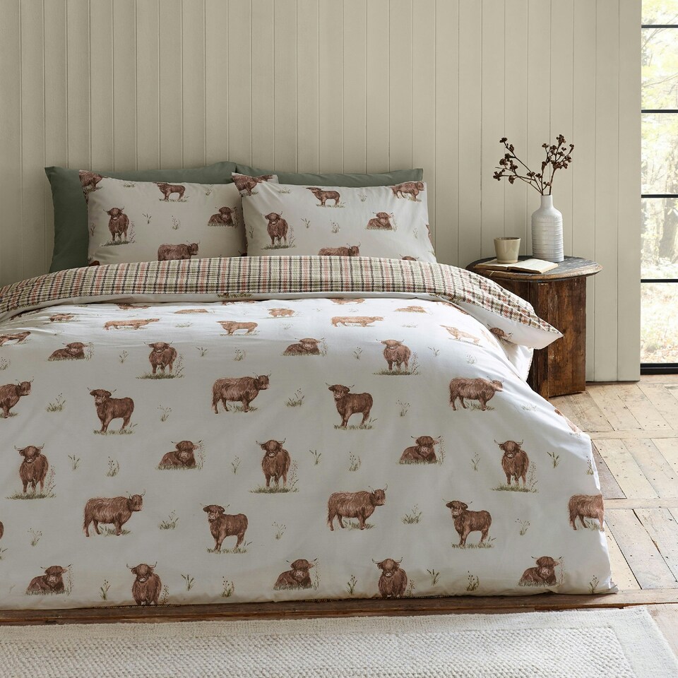 image 1 of Catherine Lansfield Angus Highland Cow Reversible Duvet Cover Set Natural Cream | Natural | Single