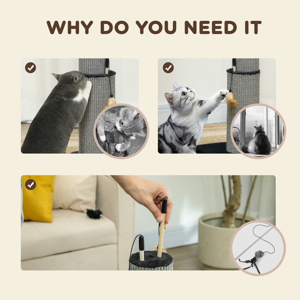 image 1 of PawHut Cat Scratch Post 2-in-1 with 3 Toy Feathers, 78cm Tall, Black