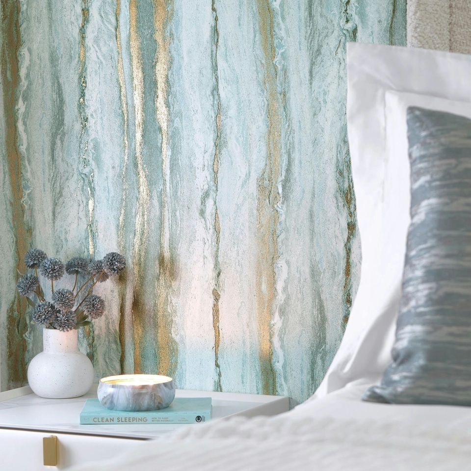 image 1 of Zurich Metallic Wallpaper in Turquoise and Metallic Gold Multi
