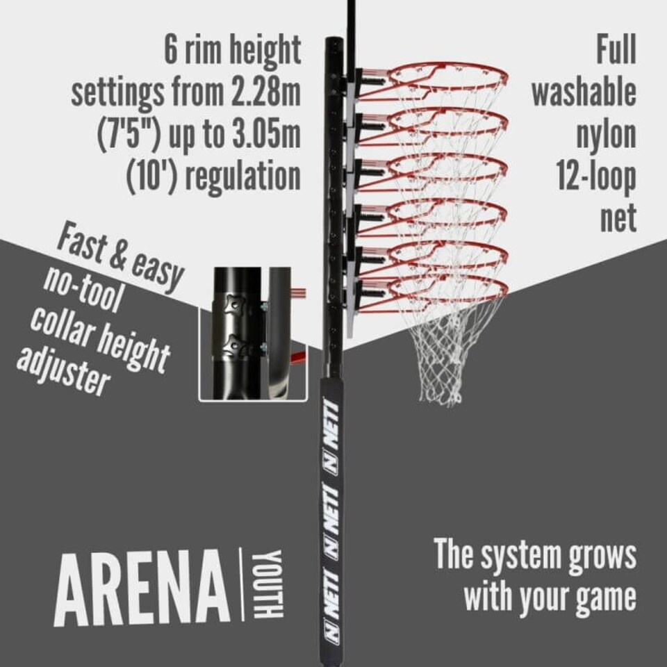 image 1 of NET1 Arena Basketball Hoop – Telescopic 2.28 to 3.05 m, Pro-Style Polycarbonate Backboard 107 x 68.5 cm, 38 L Wheeled Base | Multi | BLACK | 27.0KILOGRAMS