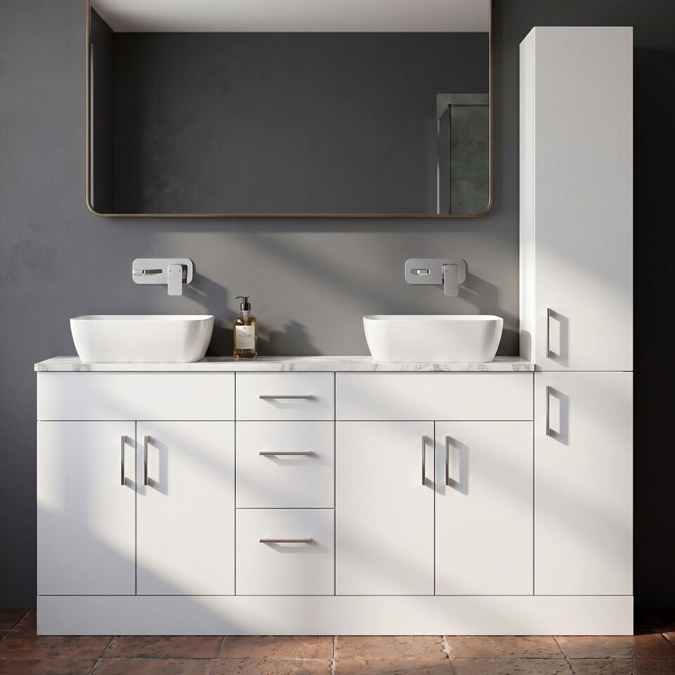 image 1 of Balterley Wichnor Floor Standing 4 Door 3 Drawer Vanity Combination Unit with Tall Unit, Laminate Worktop and Countertop Vessel, 1800mm, Matt White