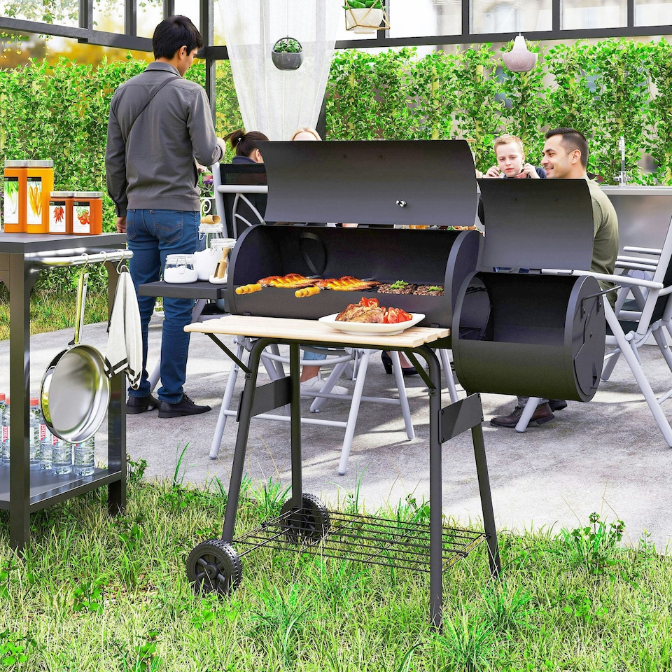 image 1 of Outsunny Portable Charcoal BBQ Grill Steel Offset Smoker Combo Backyard