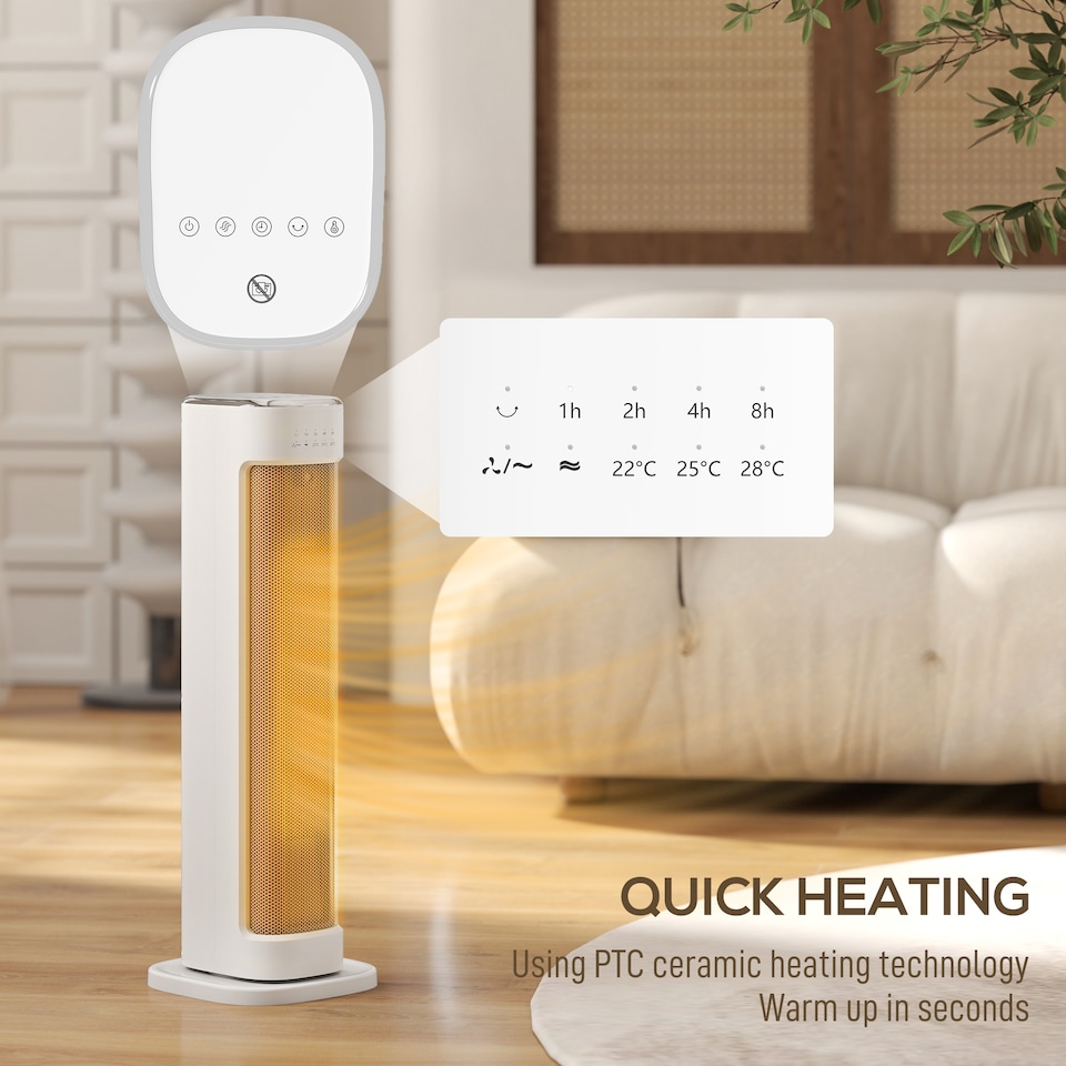 image 1 of HOMCOM Ceramic Electric Heater, 2000W Space Heater with Timer, White | White