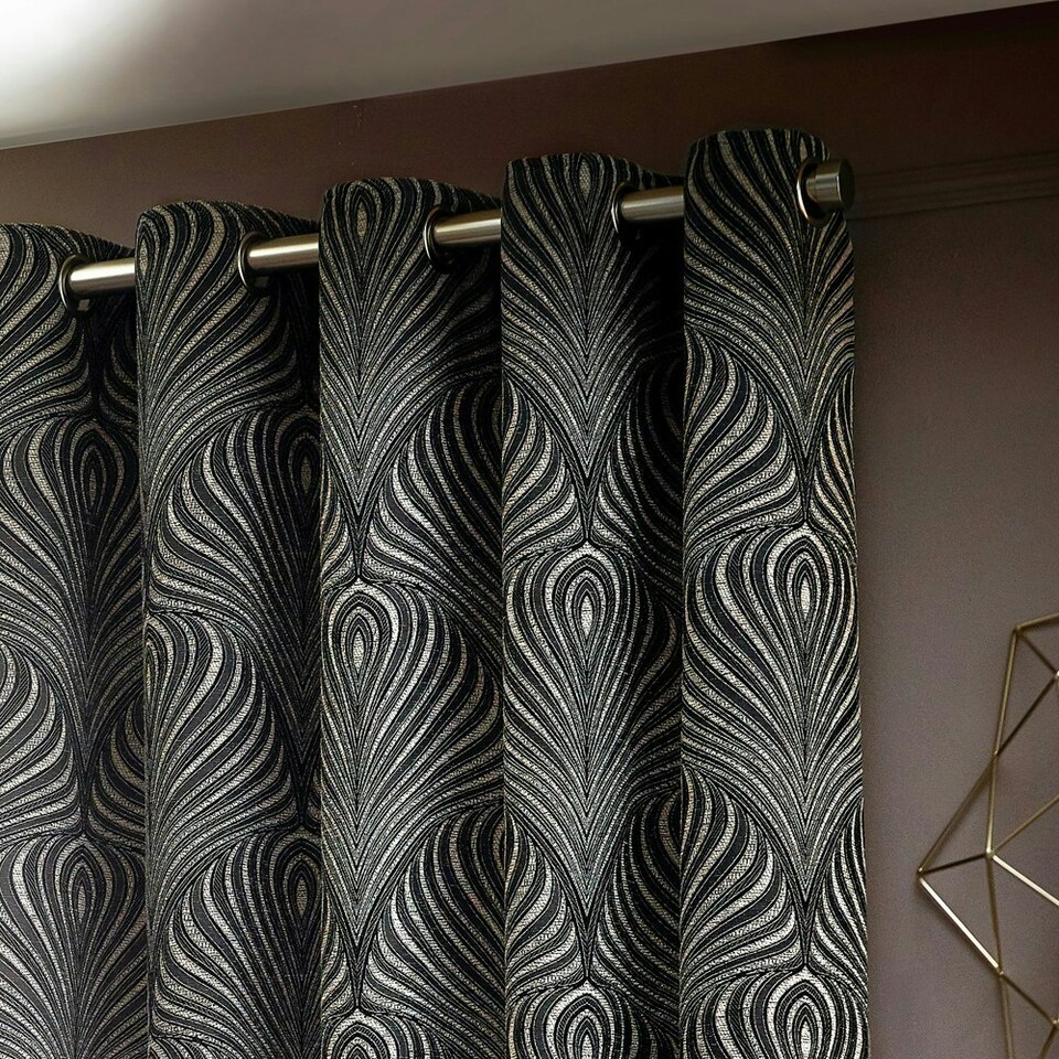 image 1 of Paoletti Gatsby Jacquard Black Eyelet Curtains 117 x 183cm