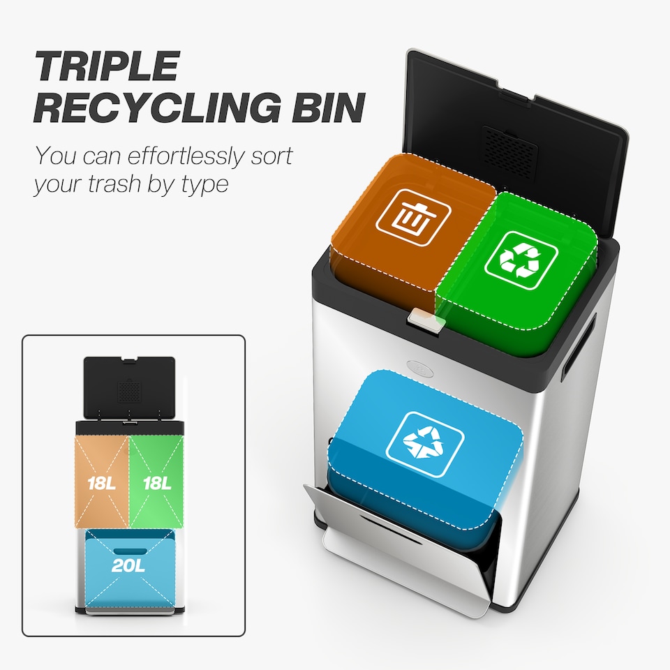 image 1 of HOMCOM Kitchen Bin, 2 x 18L and 20L Volumes, Stainless Steel 3 Compartment Bin with Wheels, Soft Close Lid, Removable Inner Buckets, Fingerprint-Proof for Recycling and Waste, Silver Tone | Silver | 1