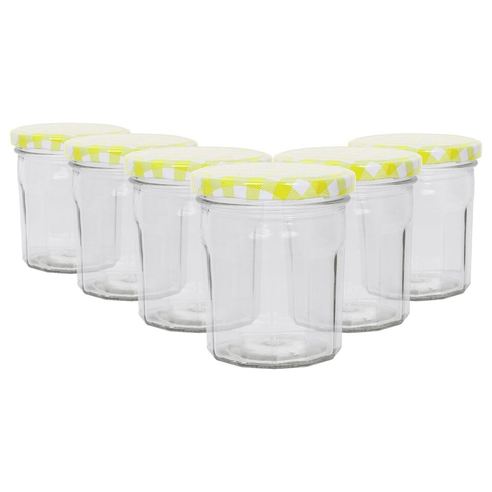 image 1 of Argon Tableware Glass Jam Jars with Yellow Gingham Lids - 250ml - Pack of 6