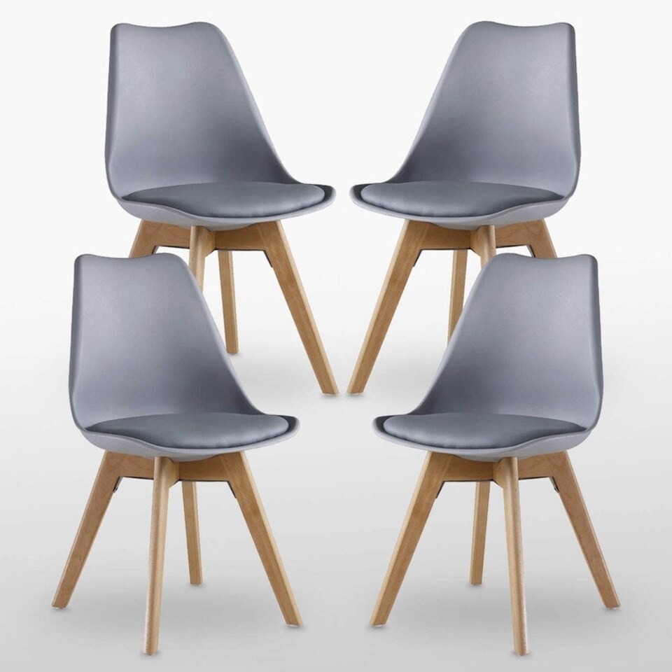 image 1 of Set of 4 Scandinavian Dining Chairs with Leather Cushions Solid Wood Legs Grey