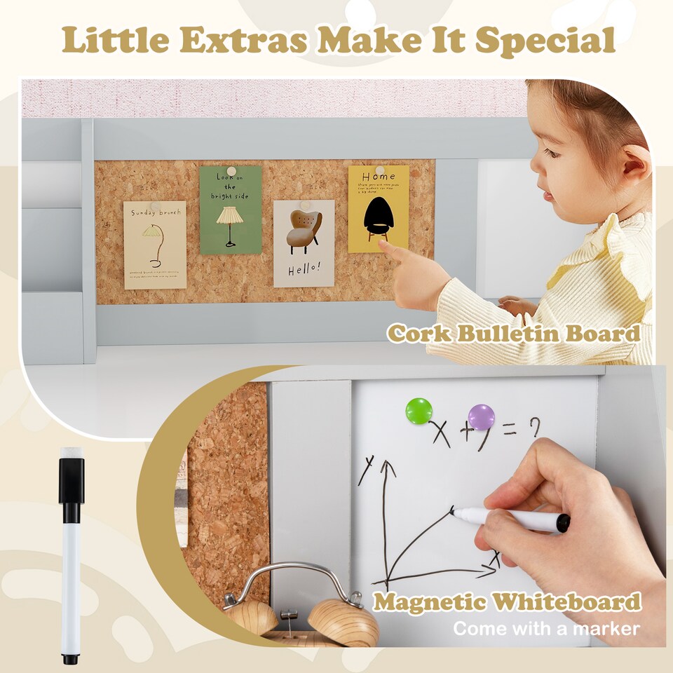 image 1 of COSTWAY Kids Table and Chair Set Children Study Table With  Hutch-Grey