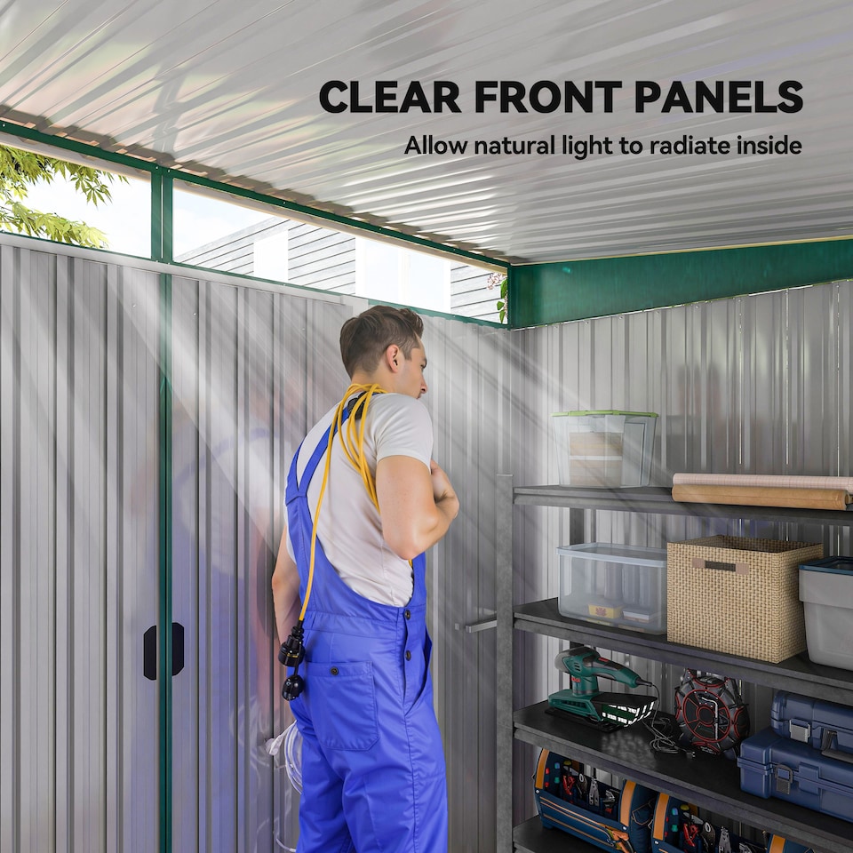 image 1 of Outsunny 8.5 x 6ft Metal Shed with Lightsky Panels, Garden Storage Tool House with Double Doors for Garden, Patio and Lawn, Green