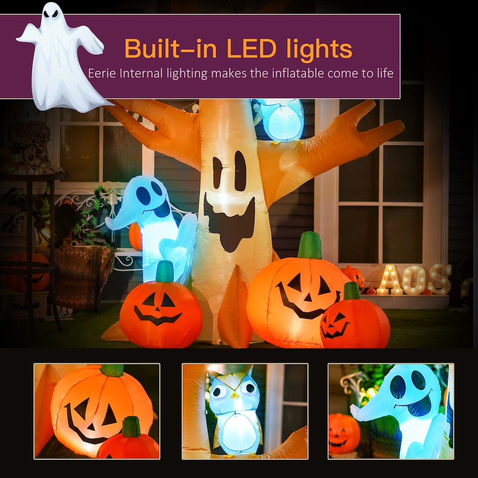 image 1 of HOMCOM 240cm Large Halloween Scary Lighting Inflatable Tree Ghost 3 Pumpkins Owl 4 LED Indoor Outdoor Holiday Decoration
