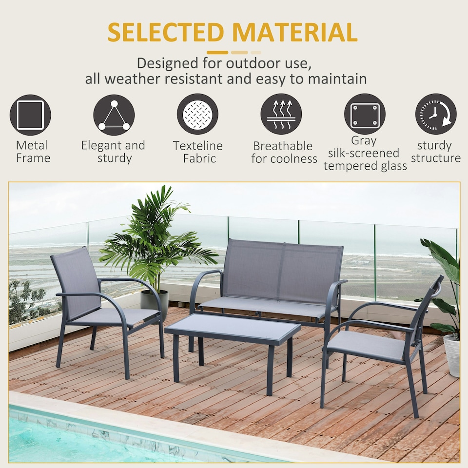 image 1 of Outsunny 4pcs Patio Furniture Set Garden Sofa Glass Top Coffee Table Grey