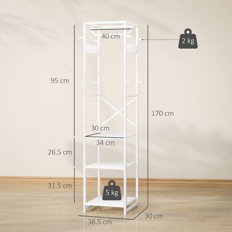 image 1 of HOMCOM Coat Rack, Freestanding Coat Stand with 3 Shelves and 8 Hooks, Clothes Stand for Entryway, Hallway, Bedroom, 170 x 38.5 x 30 cm, White Wood Grain