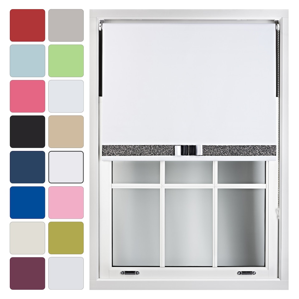 image 1 of FURNISHED Blackout Roller Blind with Black Glitter Trim and Black&White Bow Cut to Size | White | White 1 | (W) 150cm x (L) 165cm