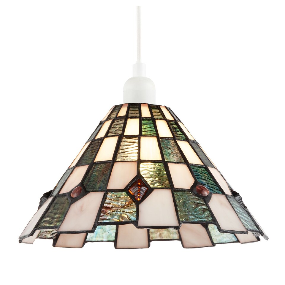 image 1 of Emerald Green and Opal White Tiffany Pendant Shade with Ruby Red Beads | Green | Emerald Green | 1